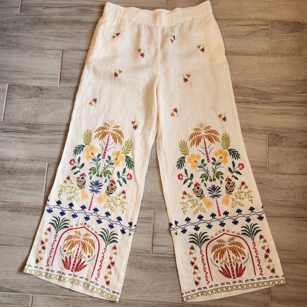 Johnny Was Pants L Ivory 100% Linen Soller Wide Leg Embroidered Boho New $225 - Picture 3 of 16